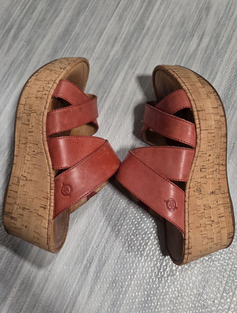 Born Marjorie Cork & Leather Wedge Slip-On Open Toe Sandals Coral Pink Size 7 - Picture 5 of 9